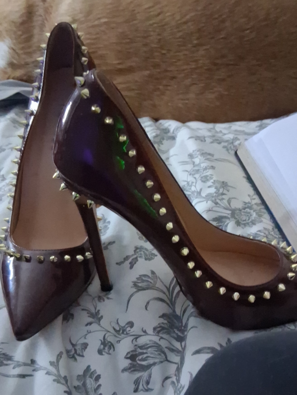 Studded Patent Pointed-Toe Stiletto Pumps in Deep Purple